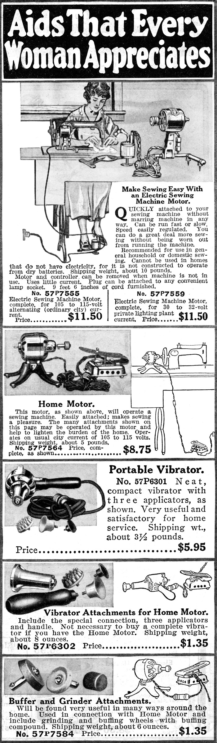 A page detail from a Sears, Roebuck and Company catalogue from nineteen eighteen, advertising a “home motor” with attachments for sewing and grinding, as well as those that allow it to be used as a vibrator. 