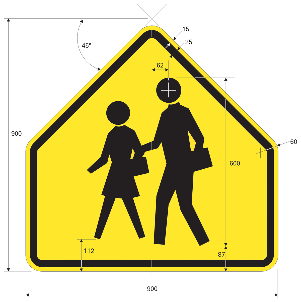 School Crossing Sign S1-1, with “conventional road” measurements (in mm). 