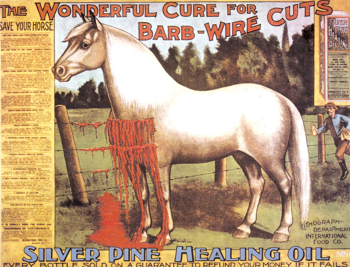 Advertisement for Silver Pine Healing Oil, ca. 1880–1890. Animal injury
constituted a major element in the early debates around barbed wire.
