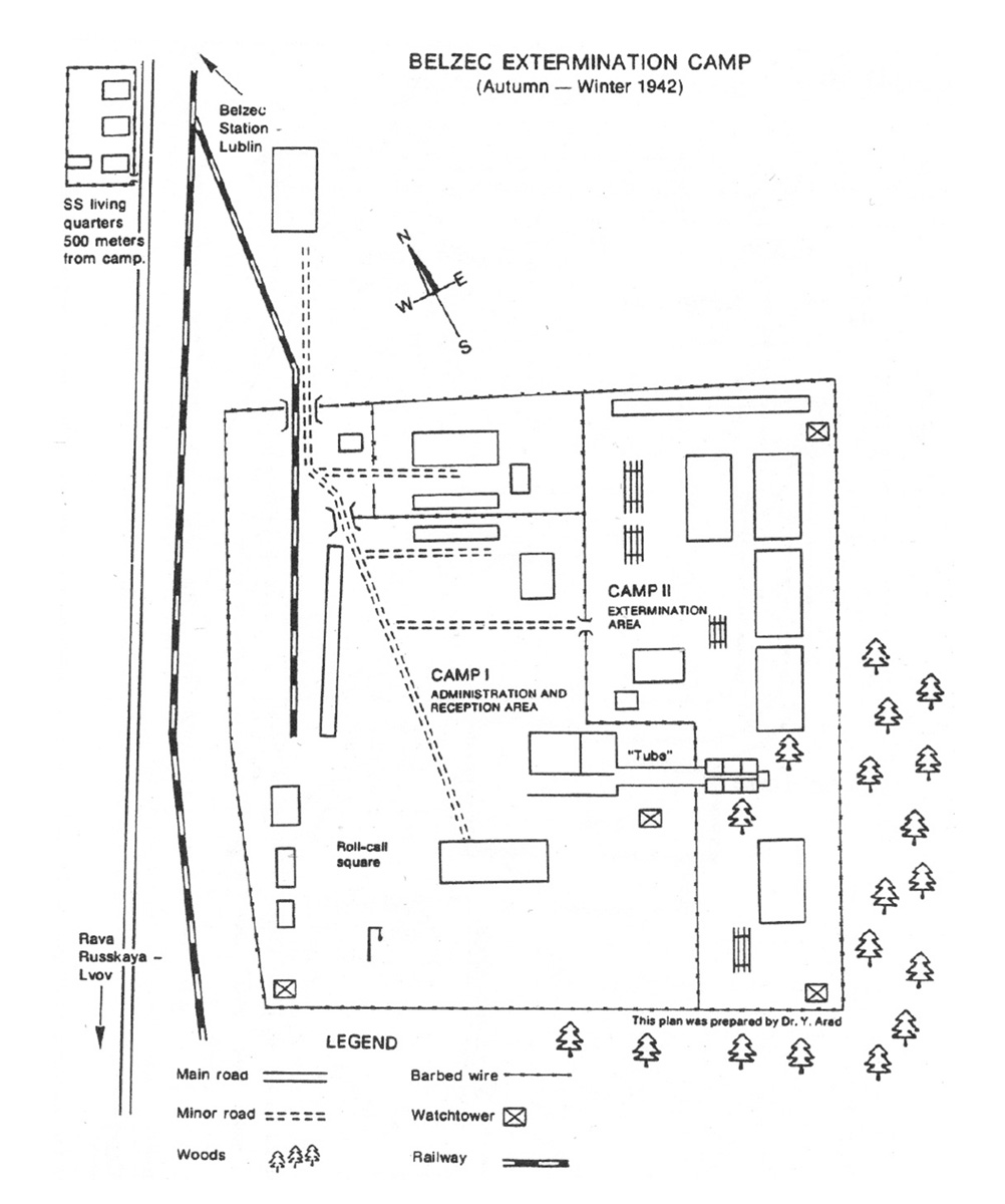 A diagram of Belzec, the first specially designated Nazi death camp, which was gradually built from February nineteen forty two onwards. Measuring only 265 yards by 275 yards, two rectangular areas were eventually carved out with the aid of barbed wire for accommodation and extermination. 