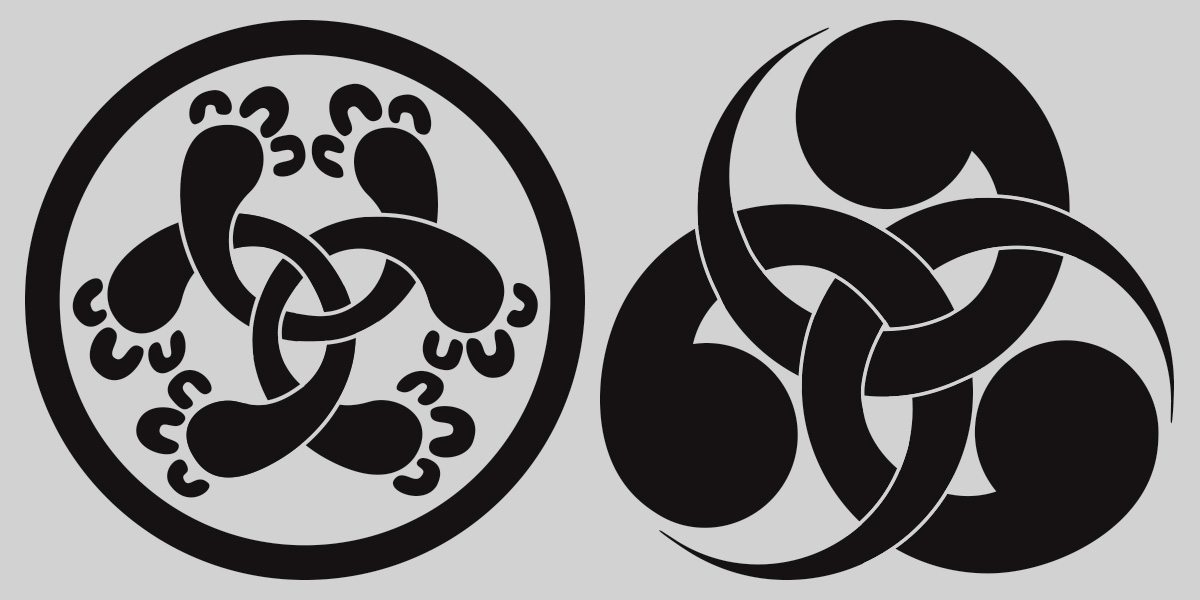 Two illustrations of Japanese family crests, one featuring the comma-shaped tomoe, a common design element in Japanese family emblems.