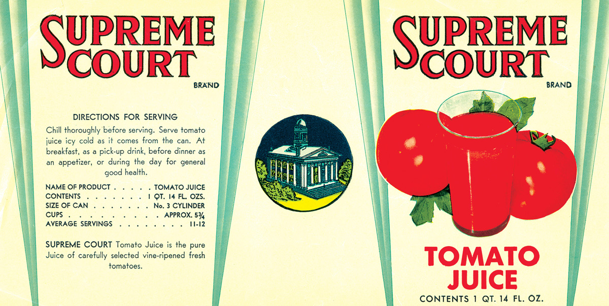 Tomato juice label boasting an image of the Supreme Court Chambers, Chenango County Court House, Norwich, NY, circa nineteen forty. 