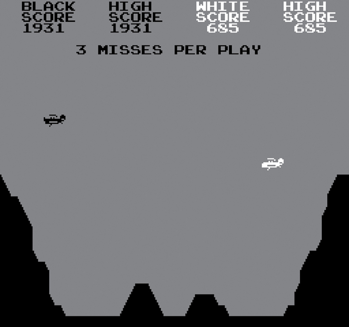 A screenshot of Atari’s nineteen seventy seven game, Canyon Bomber. 