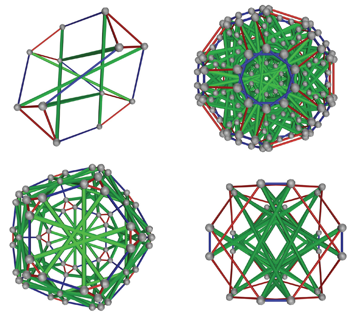 Examples of symmetric tensegrity structures. These images were
produced by Robert Connelly and Allen Back using Maple and the open source
visualization software, Geomview. Connelly and Allen would like to thank Intel
Corporation for the donation of workstations to support this work.