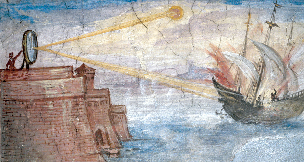 A fresco from circa fifteen ninety nine to sixteen hundred by Giulio Parigi showing Archimedes’ “death ray.”