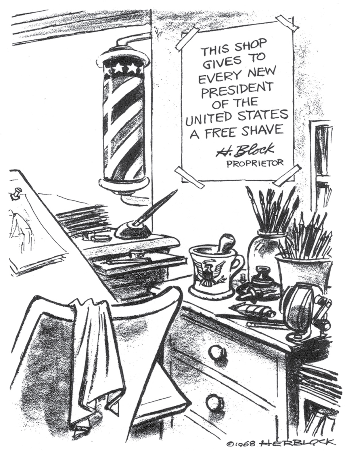 Herbert Block’s cartoon from the Washington Post, 7 November nineteen sixty eight offering Nixon a free shave.