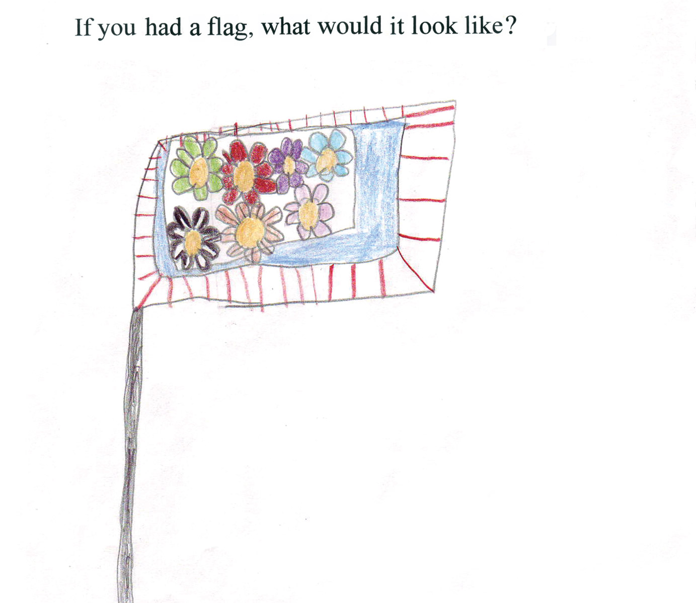 The second page from Daniel Handler’s questionnaire for his young fried Violet. Question. If you had a flag, what would it look like. Violet’s answers consists of a drawing of a flag with flowers on it.