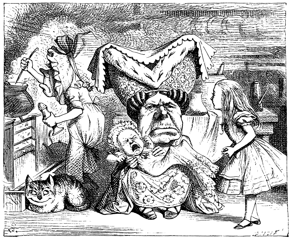 An illustration by John Tenniel from an eighteen sixty six edition of Lewis Carroll’s “Alice in Wonderland.” The caption reads:”There’s certainly too much pepper in that soup!’ Alice said to herself, as well as she could for sneezing.” 