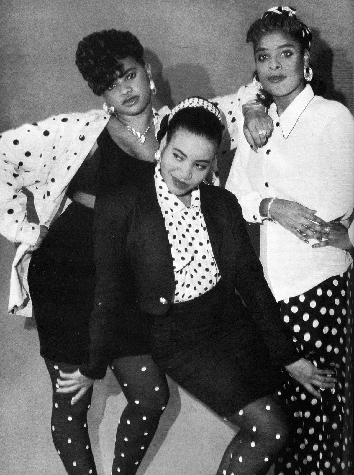 A photograph of musicians Salt-N-Pepa and DJ Spinderella, date unknown.