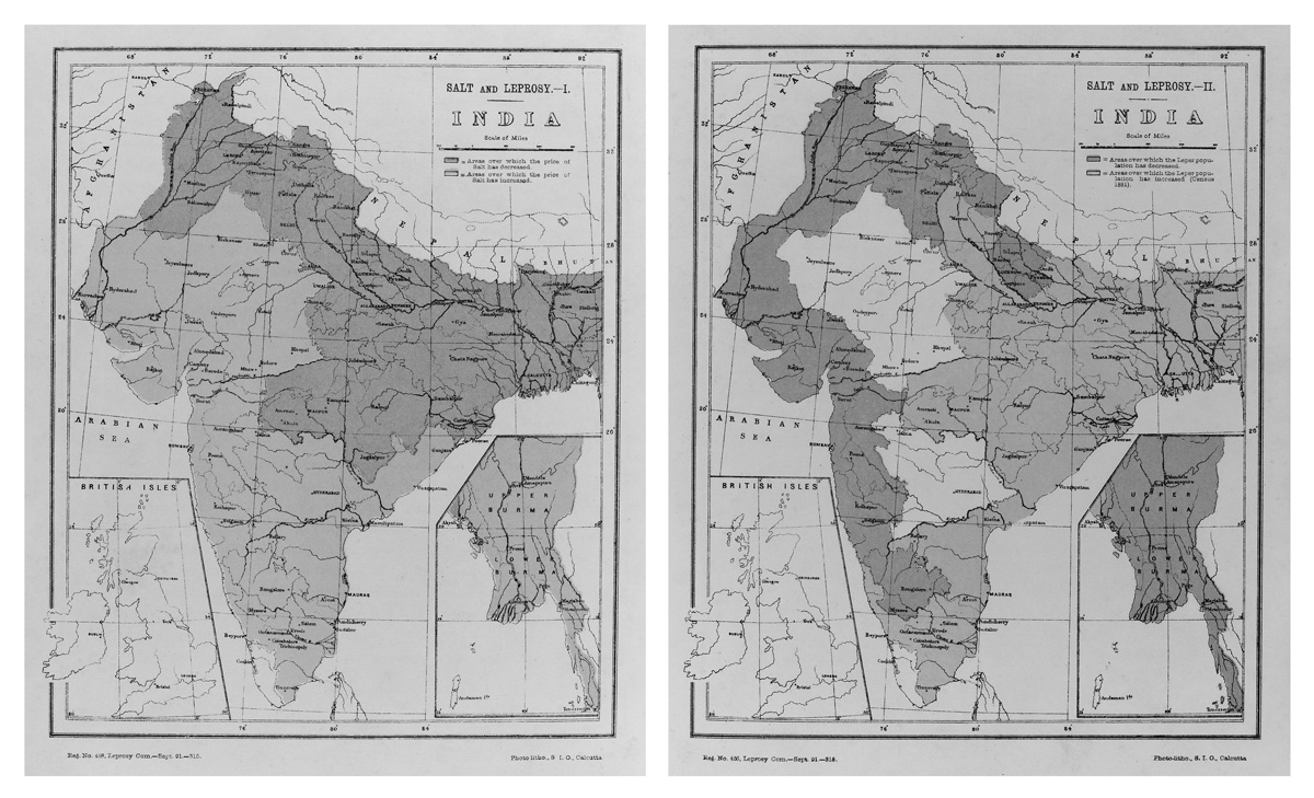 Two maps of the Indian subcontinent. One shows where the price of salt has decreased and where the price of salt has increased. The other shows where the leprosy population has decreased and where the leprosy population has increased. 