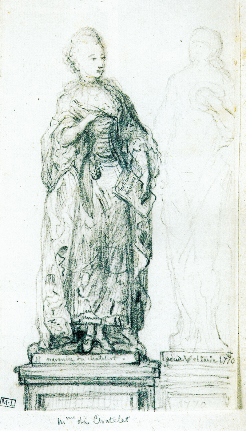 A sketch of proposed statues of Du Châtelet and Voltaire.