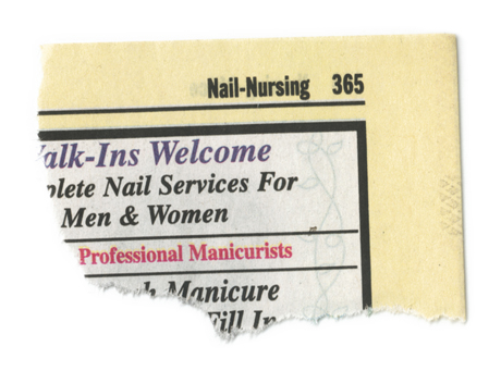 The torn corner of a Yellow Pages telephone directory: Nail to Nursing