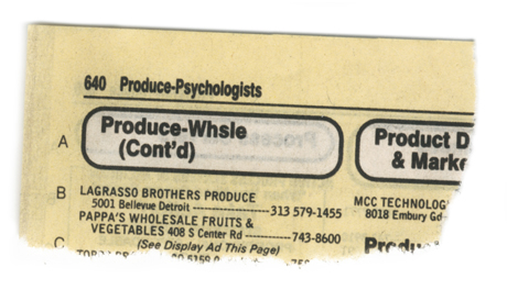 The torn corner of a Yellow Pages telephone directory: Produce to Psychologists