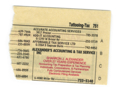 The torn corner of a Yellow Pages telephone directory: Tattooing to Tax