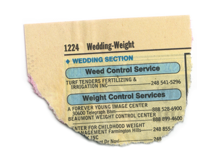 The torn corner of a Yellow Pages telephone directory: Wedding to Weight