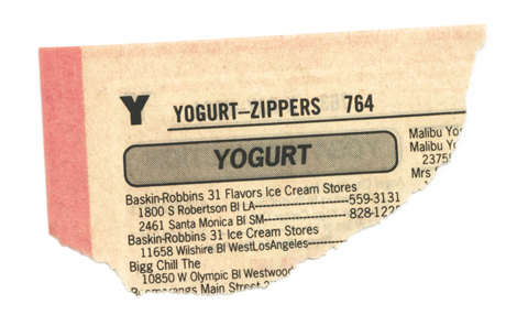 The torn corner of a Yellow Pages telephone directory: Yogurt to Zippers