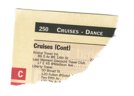 The torn corner of a Yellow Pages telephone directory: Cruises to Dance