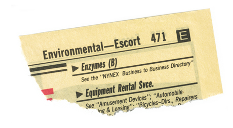 The torn corner of a Yellow Pages telephone directory: Environmental to Escort