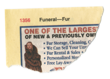 The torn corner of a Yellow Pages telephone directory: Funeral to Fur