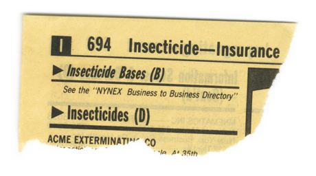 The torn corner of a Yellow Pages telephone directory: Insecticide to Insurance