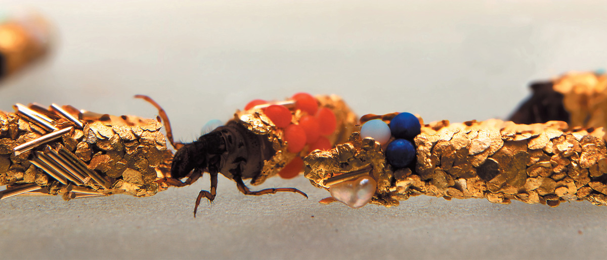 A photograph of Hubert Duprat’s aquatic caddis fly larvae, with cases incorporating gold, opal, and turquoise, among other materials.
