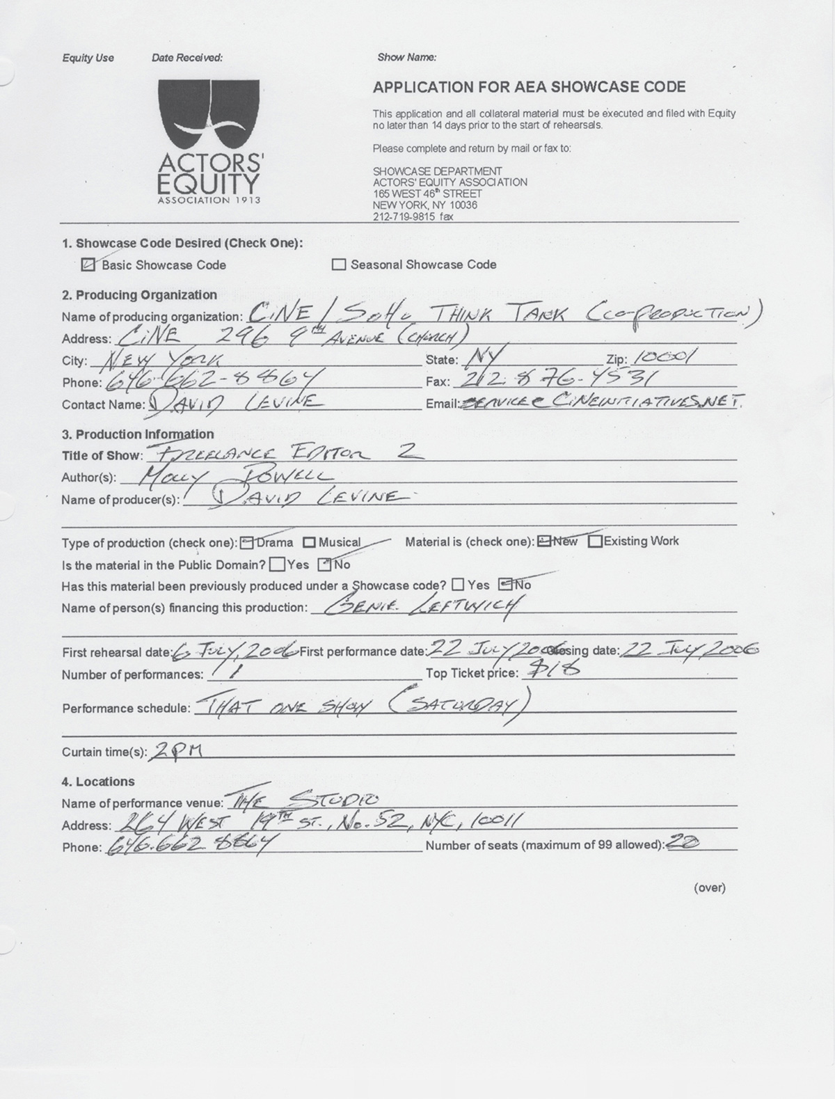 The second page of the contract between artist David Levine and actor Molly Powell for her to act as a freelance editor.
