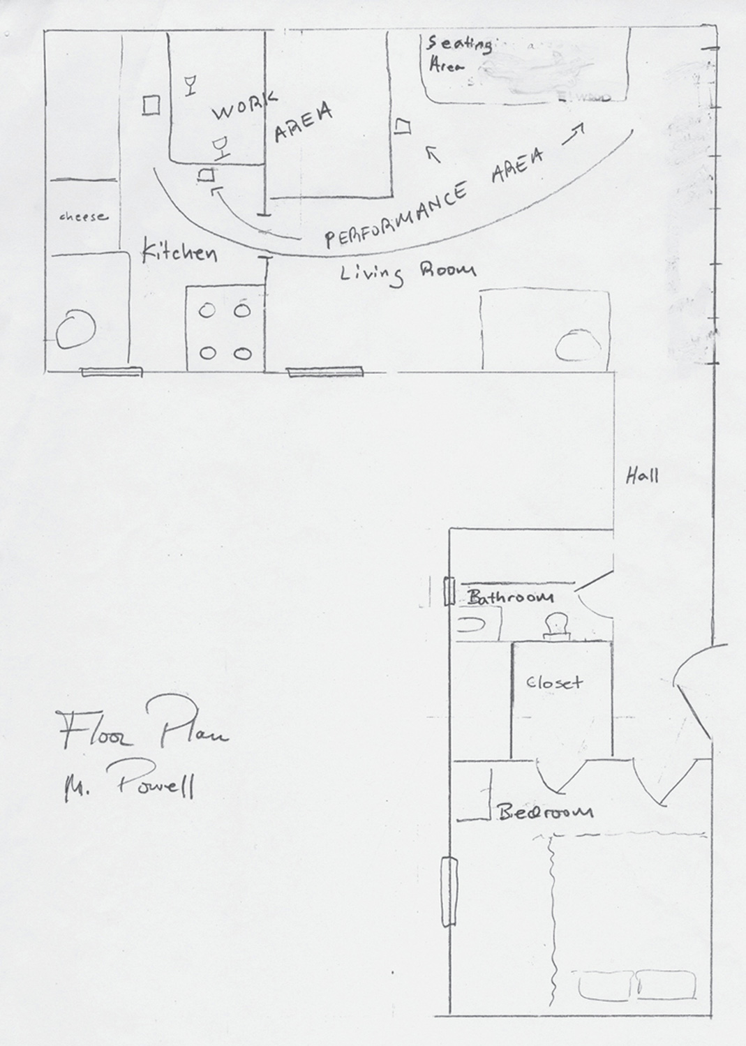 A sketch of Molly Powell’s apartment, where she performed her job.