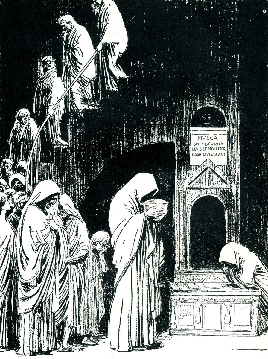 Virgil’s funeral for his pet fly, as depicted in an illustration from the nineteen fifty seven edition of Ripley’s Wonder Book of Strange Facts. The Latin inscription on the tomb reads: “Fly, may this urn prove light for you, and may your bones rest easily.”