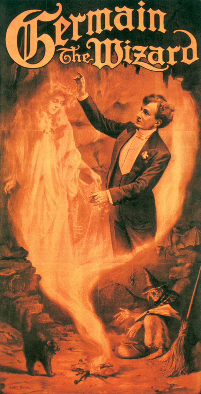 A publicity poster for US magician Germain the Wizard (Charles Mattmueller, eighteen seventy eight to nineteen fifty nine). A witch looks on as Germain conjures a female spirit from the fire.