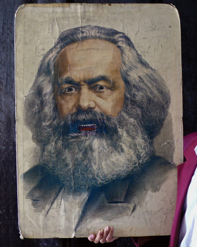 A photograph of the front of Ian Saville’s talking picture of Karl Marx.