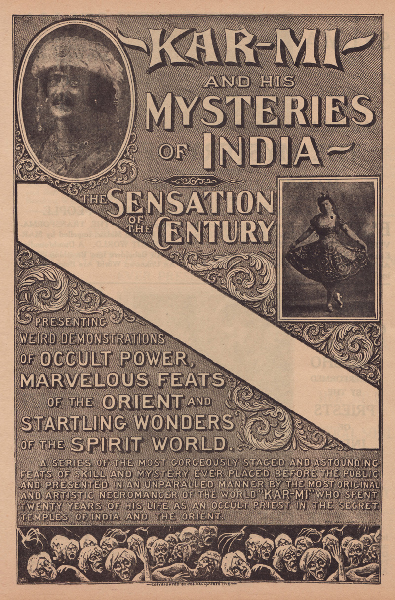 Publicity leaflet for “Kar-Mi and His Mysteries of India,” nineteen sixteen.