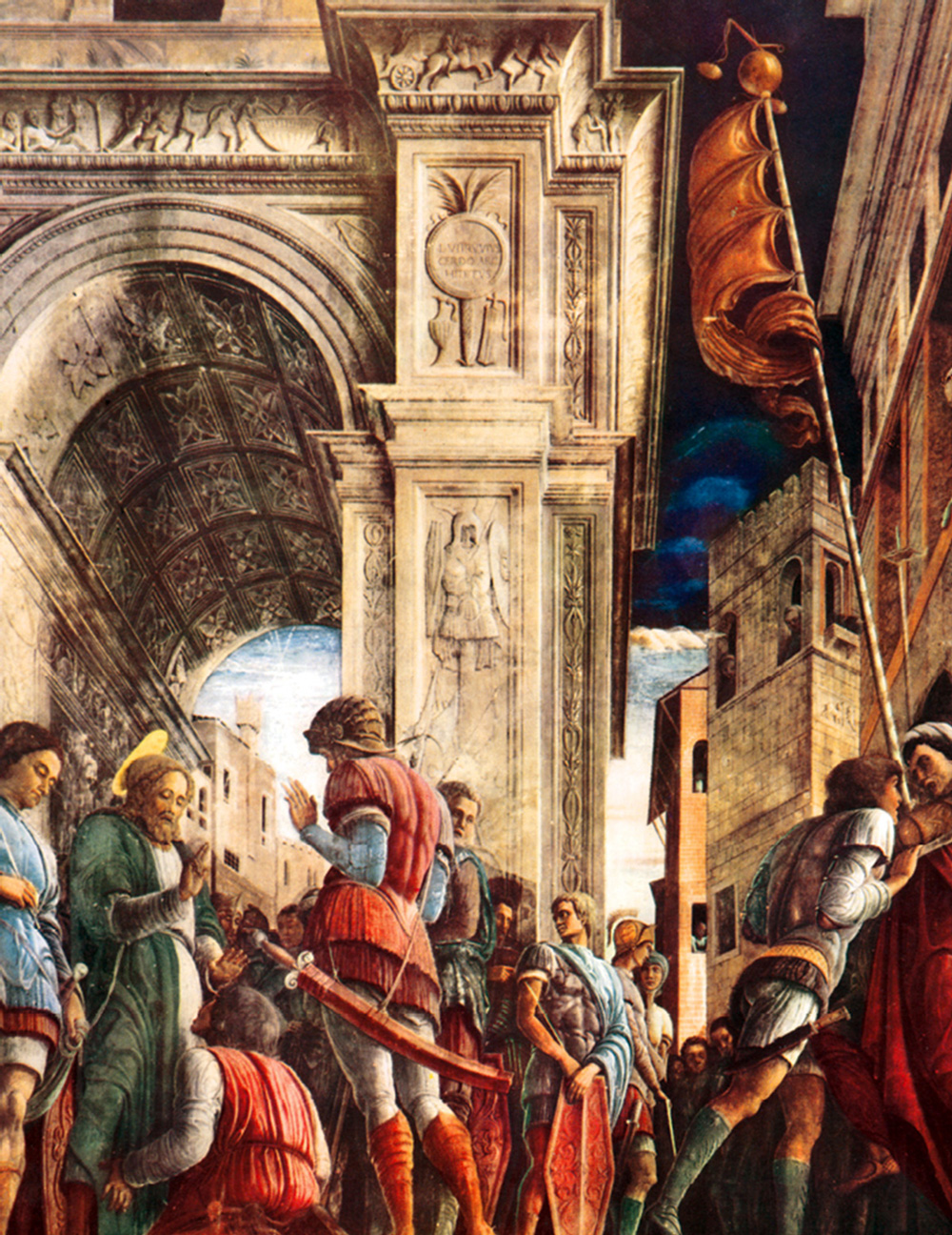 A painting, circa fourteen forty eight to fourteen sixty, by Andrea Mantegna titled “”Saint James Led to Execution,”” Ovetari Chapel, Eremitani Church, Padua.