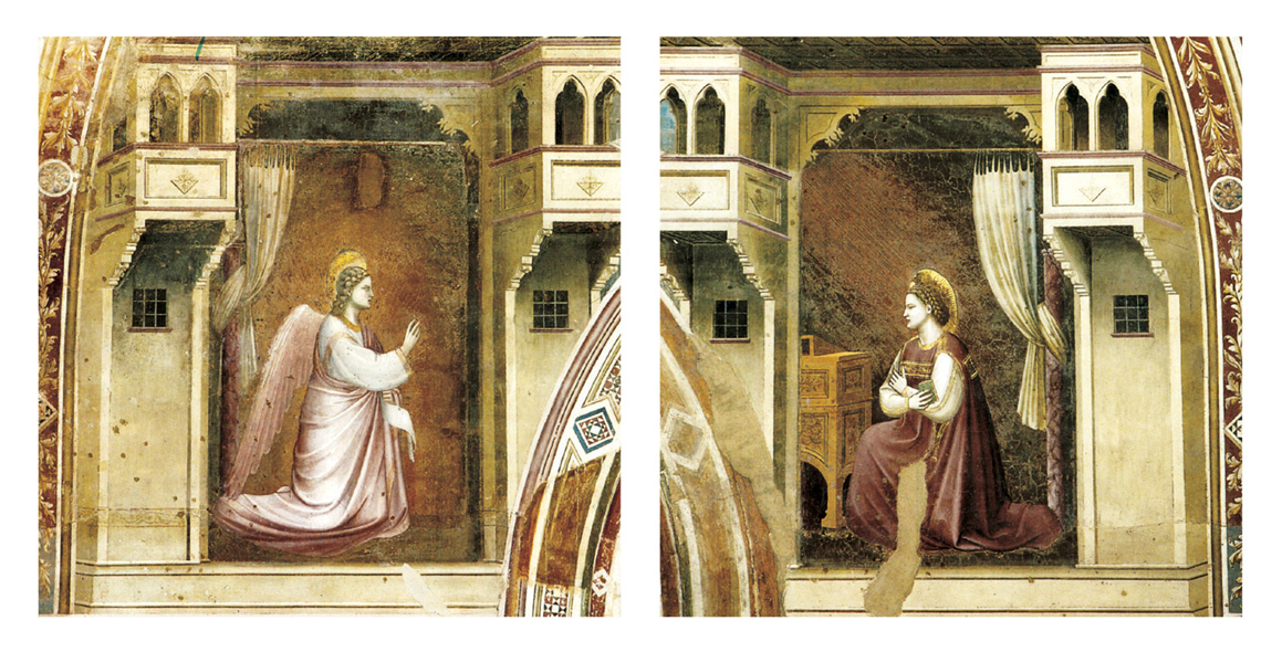 A painting, circa thirteen oh three thirteen oh five, by Giotto titled “The Annunciation,” Arena Chapel, Padua. 
