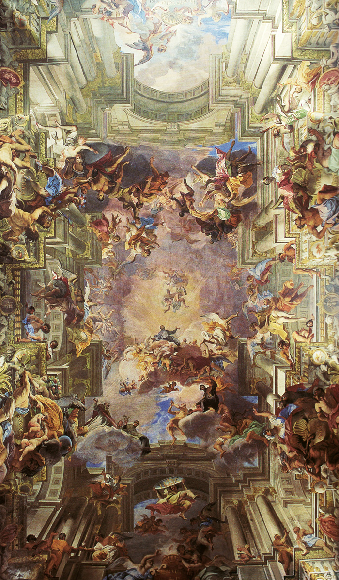 A painting, circa sixteen eight five to sixteen ninety four, by Andrea Pozzo titled “”St. Ignatius Being Received into Heaven,”” on the ceiling of Sant’Ignazio di Loyola a Campo Marzio, Rome.
