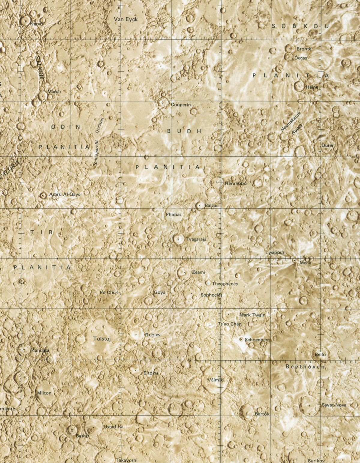 A topographic map of a portion of the total area of Mercury photographed during the Mariner 10 encounters. Cruel fate! Arnold Schoenberg, represented by a measly 29-kilometer crater, is forced to sit in the shadow of his hulking neighbor, Beethoven, whose 643-kilometer crater is the largest on Mercury.