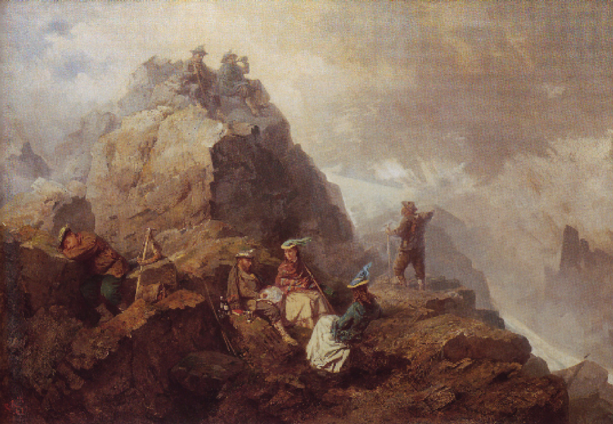 A eighteen seventy painting by Raphael Ritz titled “Engineers in the Mountain.”