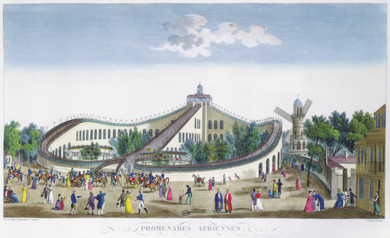The front of this issue’s postcard featuring an eighteen seventeen engraving by Louis Garneray of the Promenade Aériennes in Beaujon Gardens.