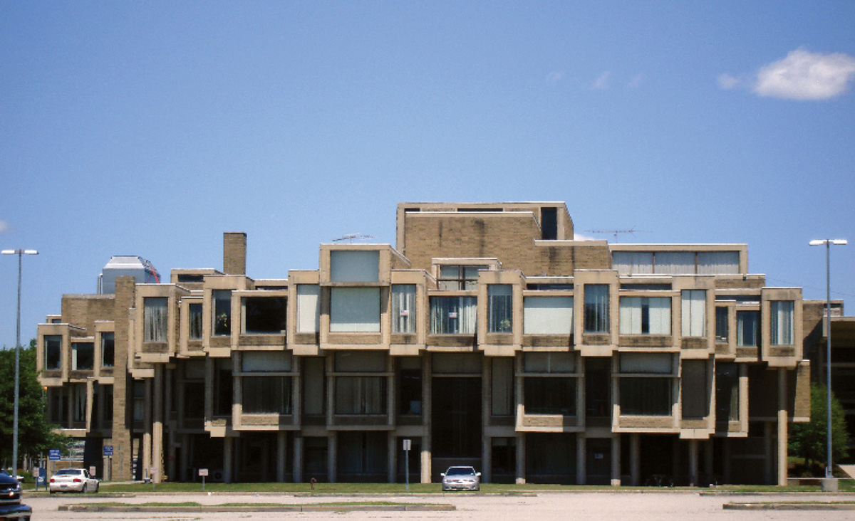 A photograph of the Orange County Government Center, Goshen, NY, designed by Paul Rudolph in nineteen sixty-three, completed in nineteen sixty-seven.