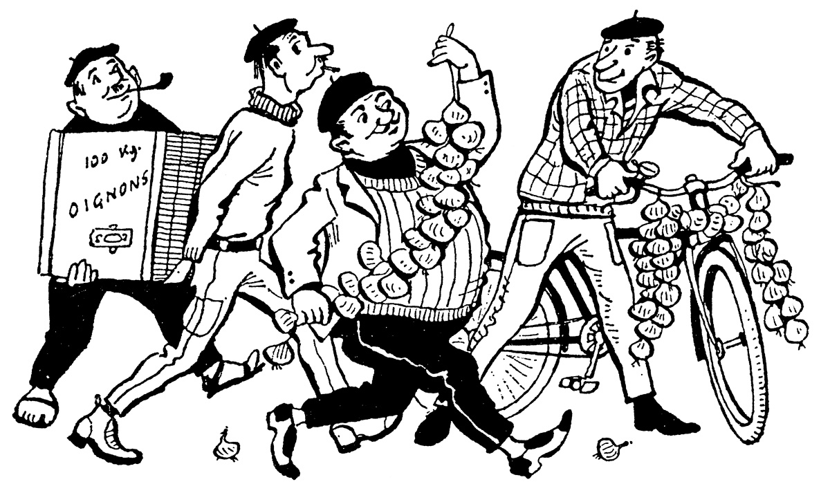 An illustration by Biro captiioned “onion sellers,” illustration from Dora Thatcher, “Tommy and the Onion Boat,” nineteen sixty two.