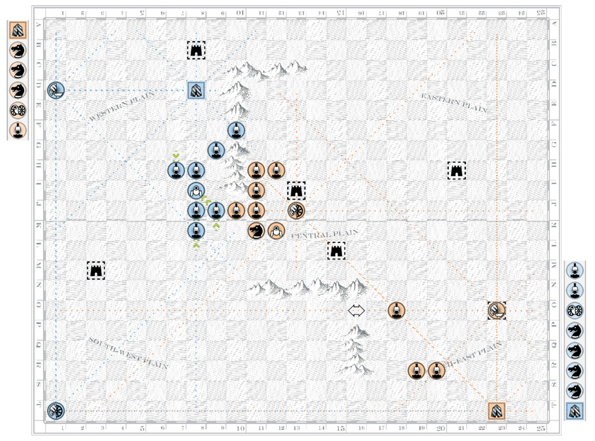 With South holding a slight material advantage, the two armies face off for an endgame in the western plain.