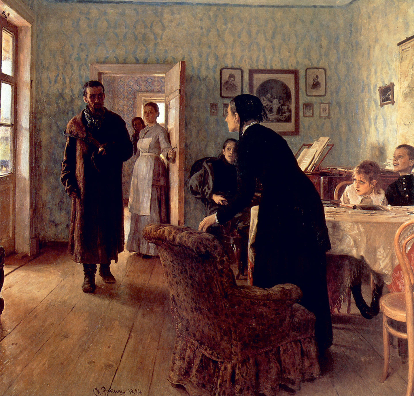 Ilya Repin’s eighteen eighty-four painting titled “An Unexpected Visitor.”
