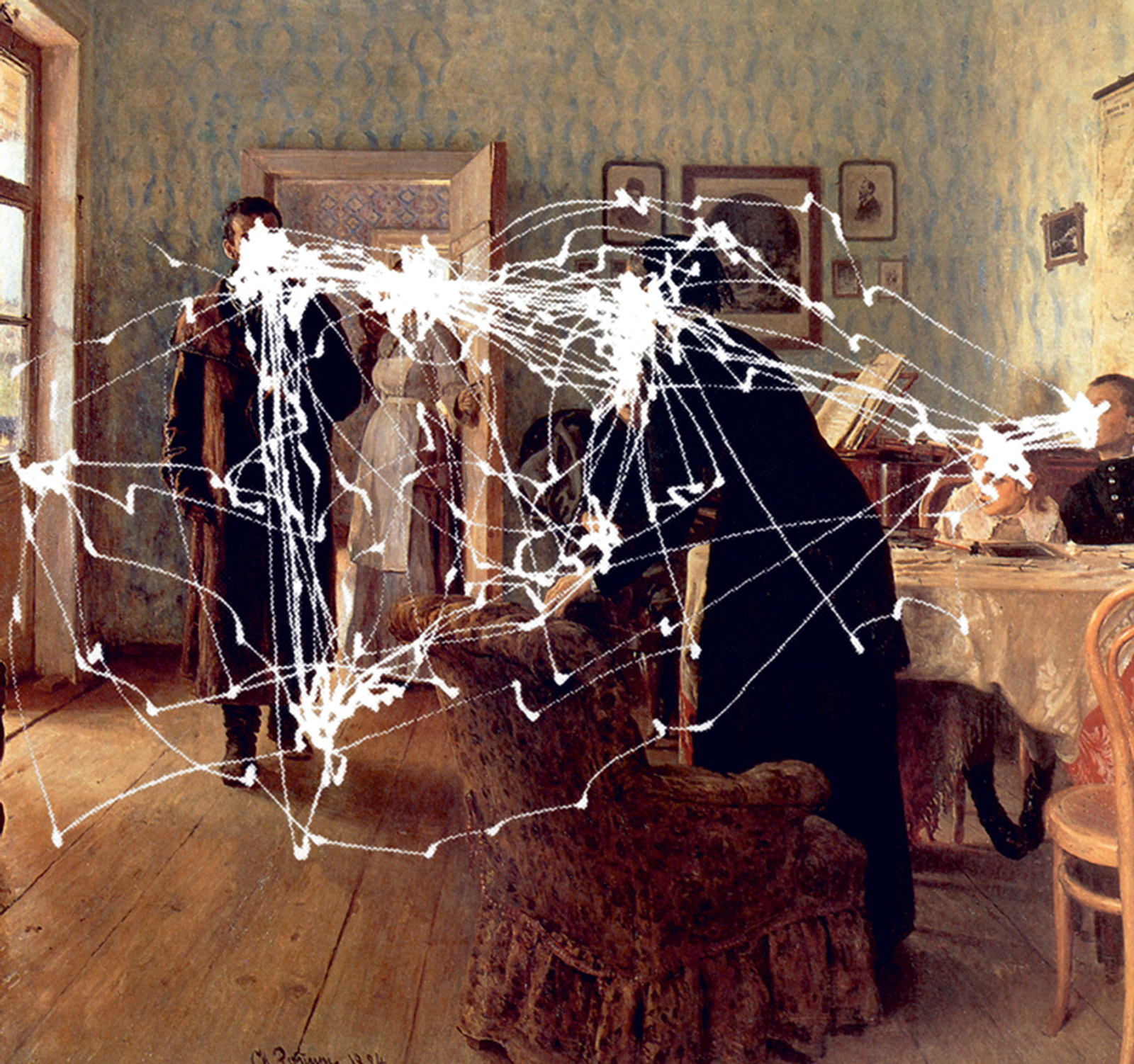 Ilya Repin’s eighteen eighty-four painting titled “An Unexpected Visitor,” marked with white lines that map the eye movements of a single subject asked by Yarbus to examine the painting freely.