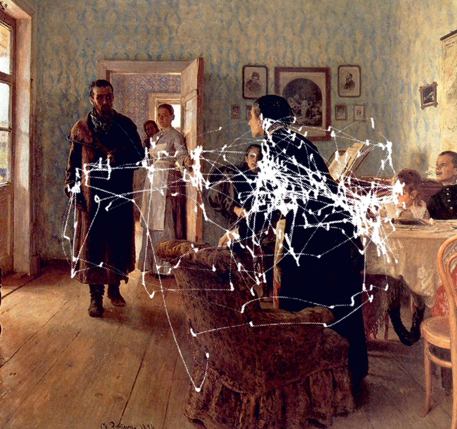 Ilya Repin’s eighteen eighty-four painting titled “An Unexpected Visitor,” marked with white lines that map the eye movements of a single subject asked by Yarbus to estimate the material circumstances of the family.
