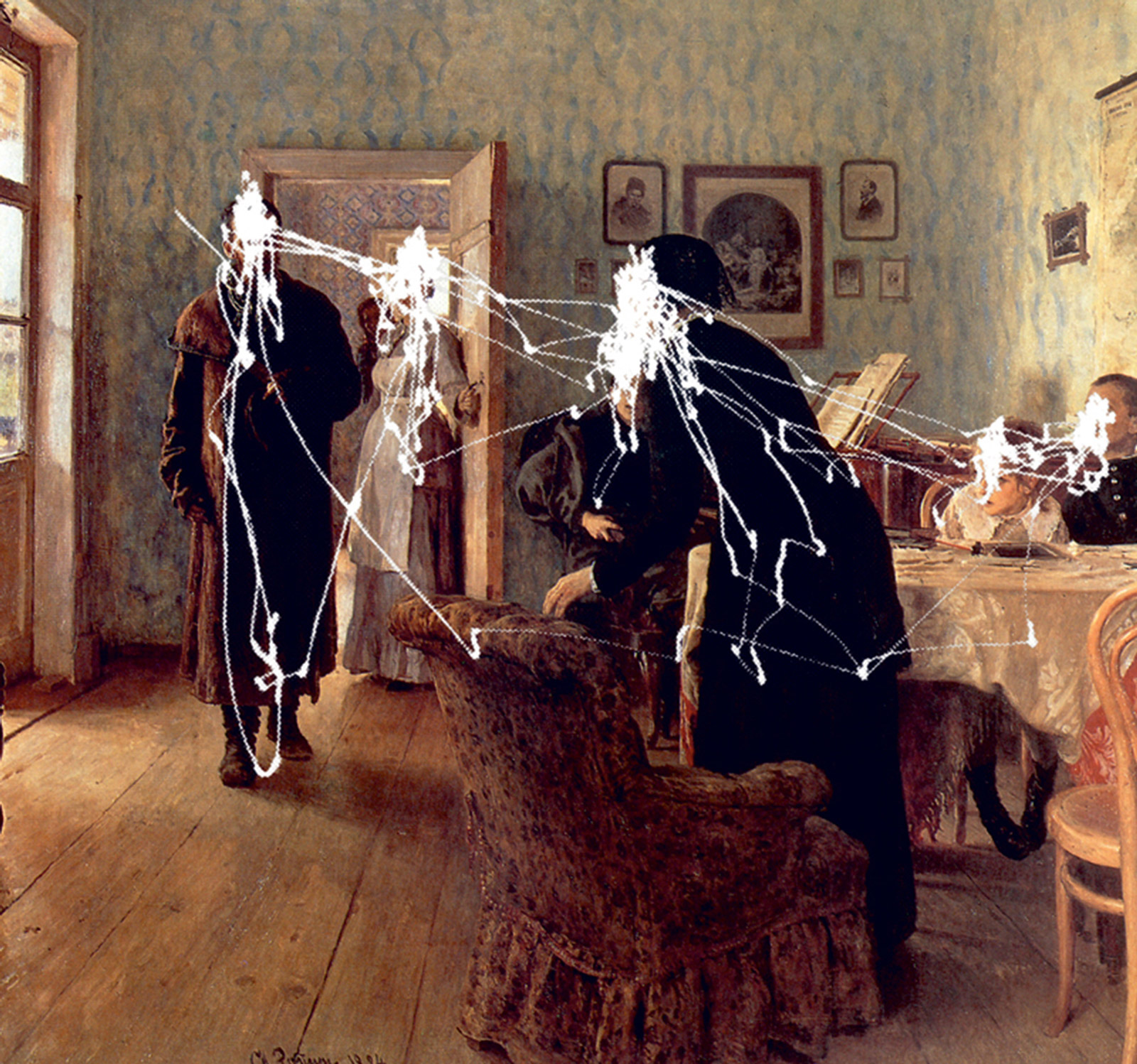 Ilya Repin’s eighteen eighty-four painting titled “An Unexpected Visitor,” marked with white lines that map the eye movements of a single subject asked by Yarbus to assess the ages of the characters.