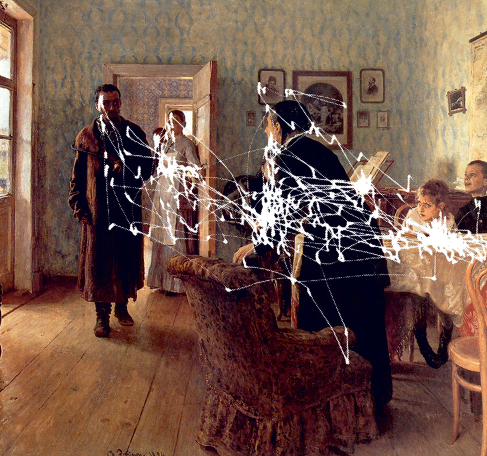 Ilya Repin’s eighteen eighty-four painting titled “An Unexpected Visitor,” marked with white lines that map the eye movements of a single subject asked by Yarbus to determine the activities of the family prior to the visitor’s arrival.