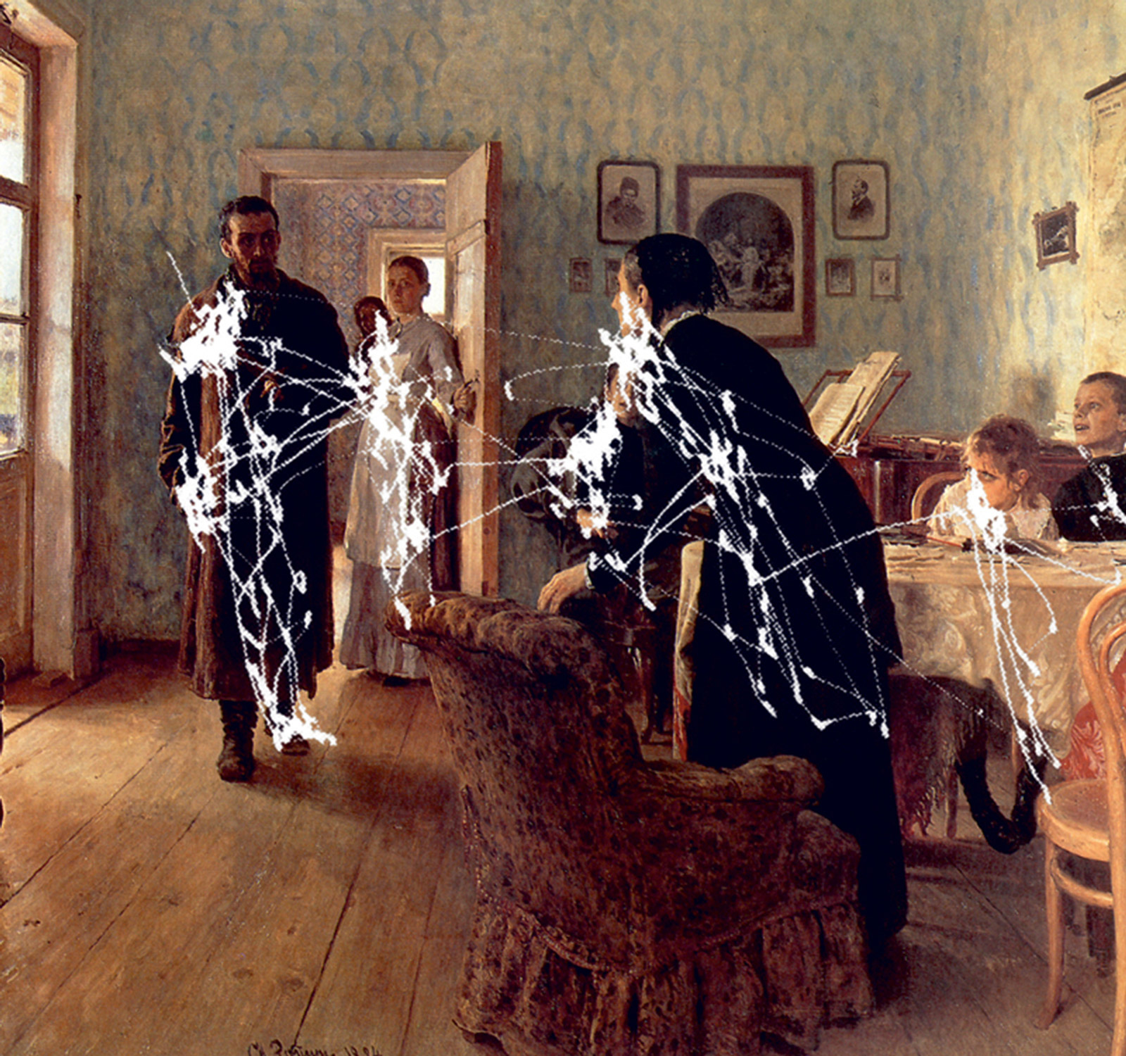 Ilya Repin’s eighteen eighty-four painting titled “An Unexpected Visitor,” marked with white lines that map the eye movements of a single subject asked by Yarbus to remember the characters’ clothes.