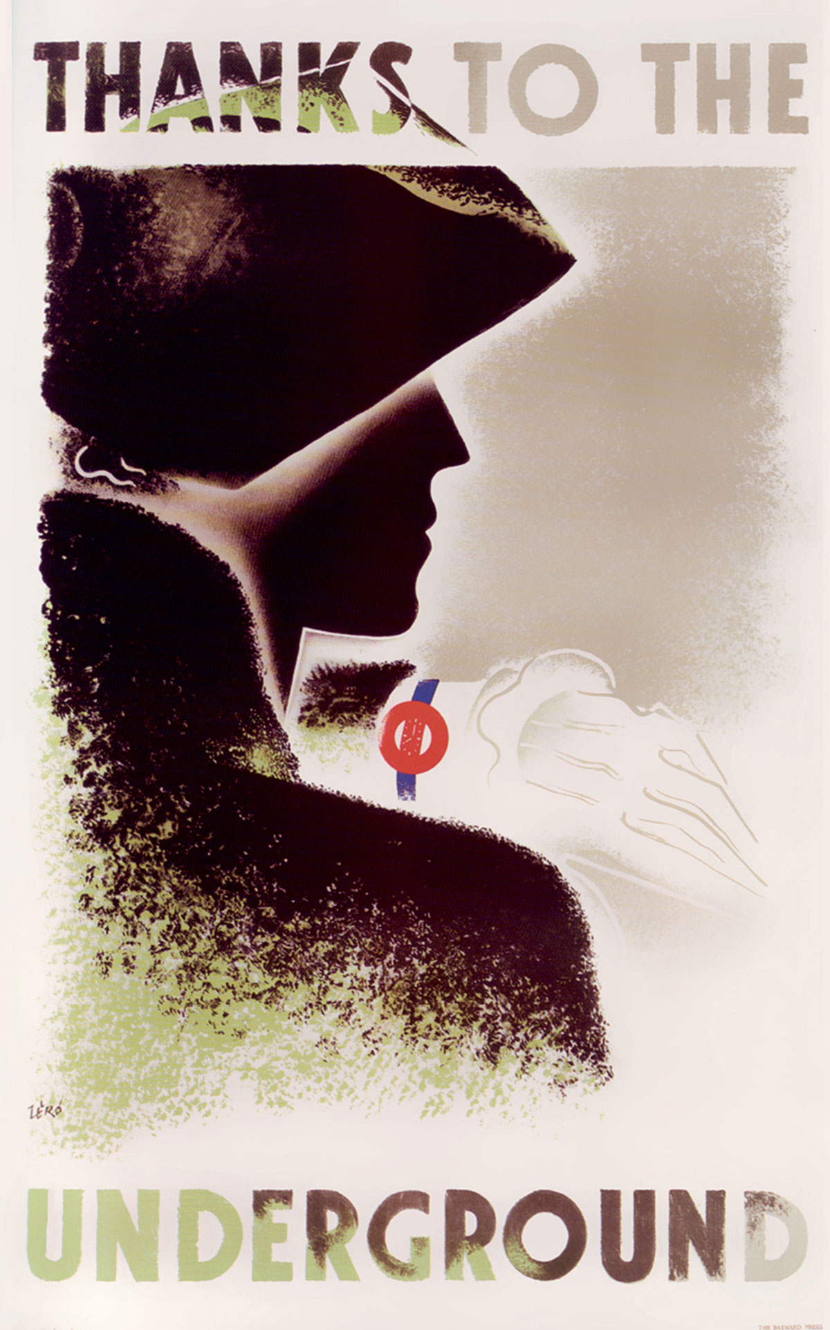 Hans Schleger’s nineteen thirty-five London Transport poster titled “Thanks to the Underground” depicting a person checking their watch, here represented as the London Underground symbol.