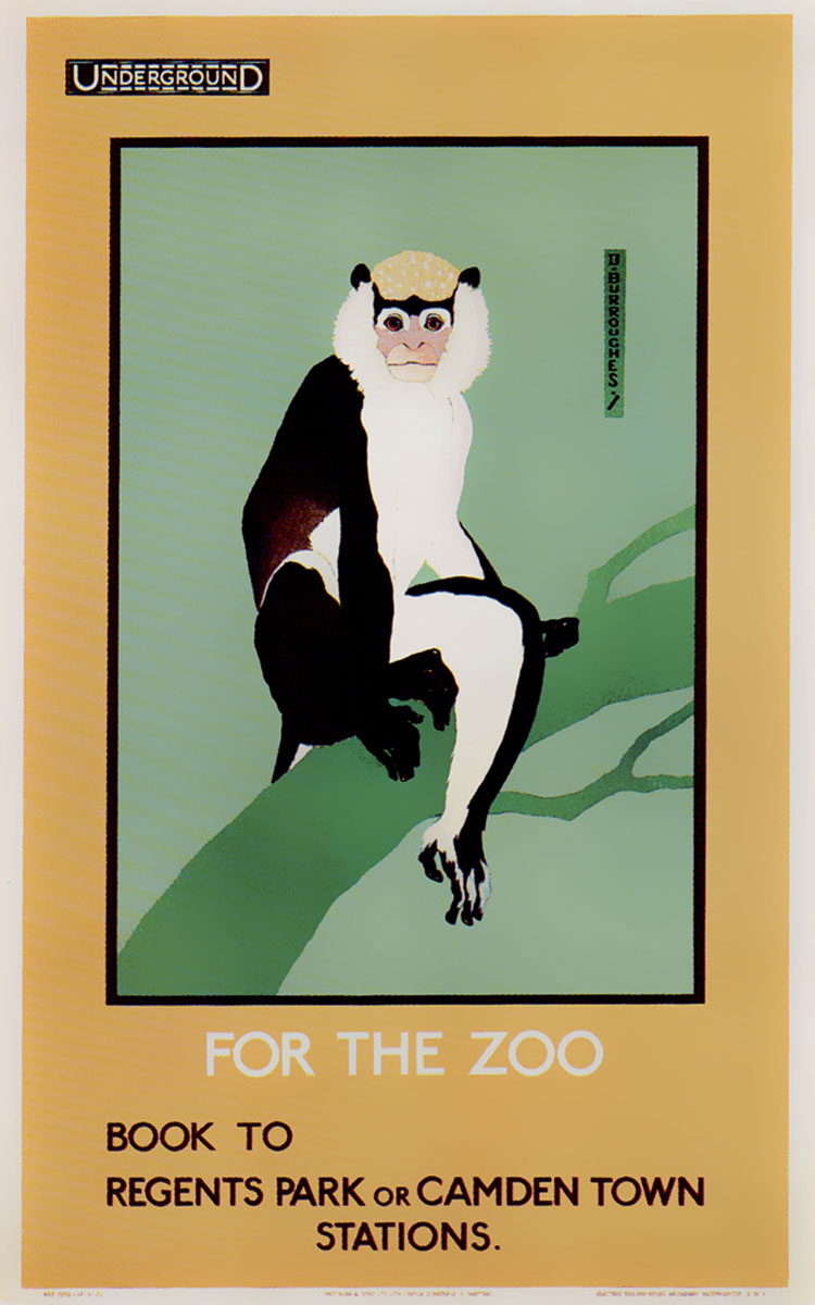 Dorothy Burroughes’s nineteen twenty-two London Transport poster titled “For the Zoo” depicting a monkey.
