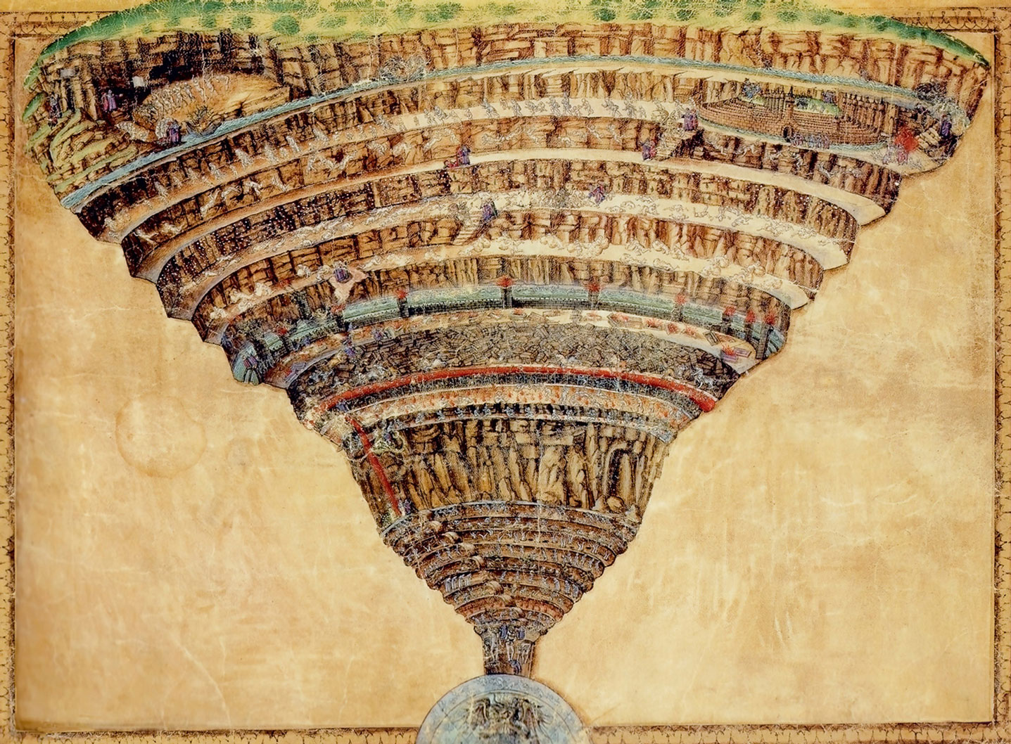 Sandro Botticelli’s circa fourteen eighty-five “The Chart of Dante’s Hell”, Vatican City, Biblioteca Apostolica Vaticana, Florence.