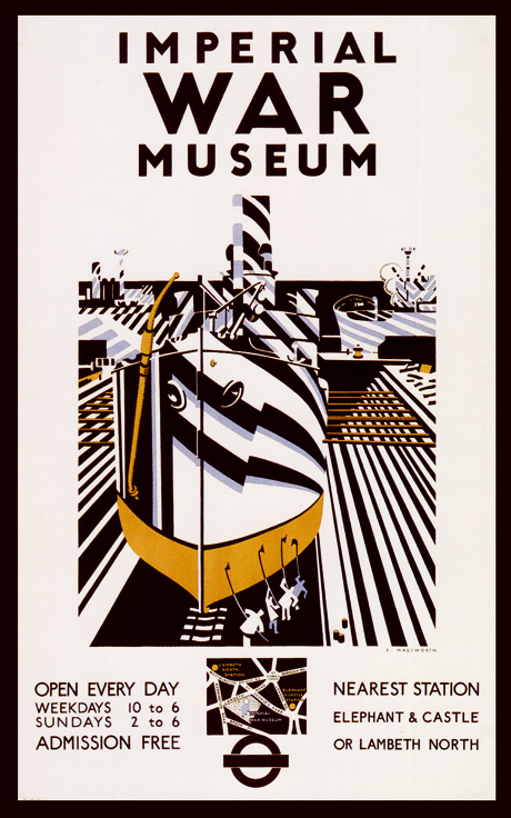 Edward Wadsworth’s nineteen thirty-six poster titled “Imperial War Museum” depicting a large ship and sailors. 